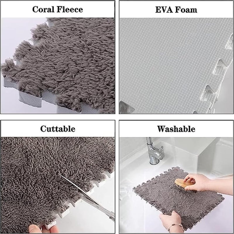 Typutomi 12pcs Plush Puzzle Foam Floor Mat, Cute Soft Fluffy Interlocking Square Foam Tiles Area Rugs Carpet for Parlor Bedroom Decoration(11.8x11.8x0.4in, Pink&White) - Image 3